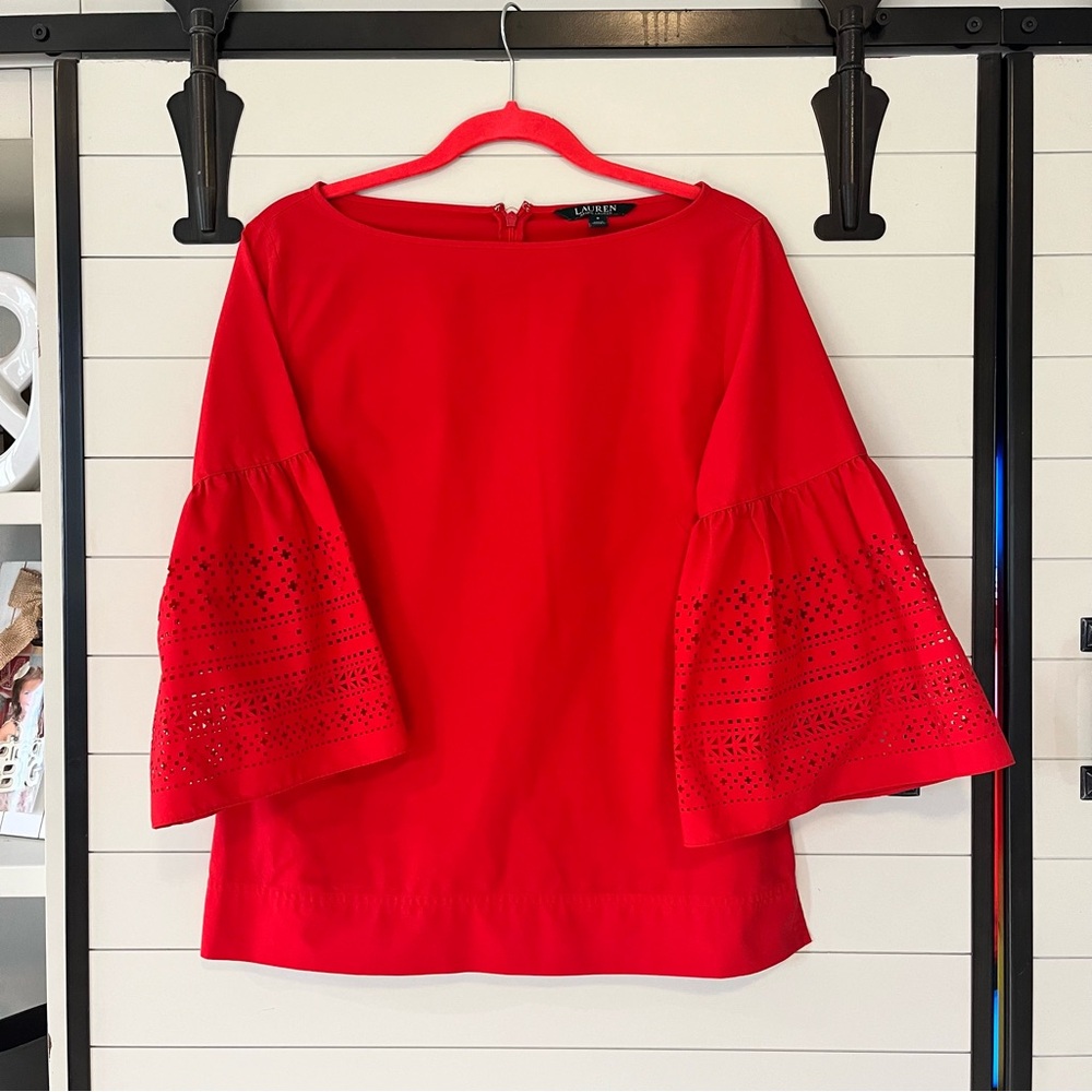 Ralph Lauren Red Top with eyelet Bell Sleeves - Small - Preppy Patriotic Classic